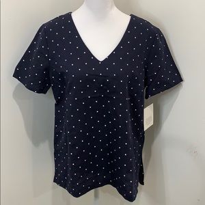 Ellen Tracy Linen Blouse Navy and White Polka Dot